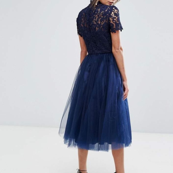 Chi Chi London High Neck Lace Midi Dress With Tull - Picture 3 of 8